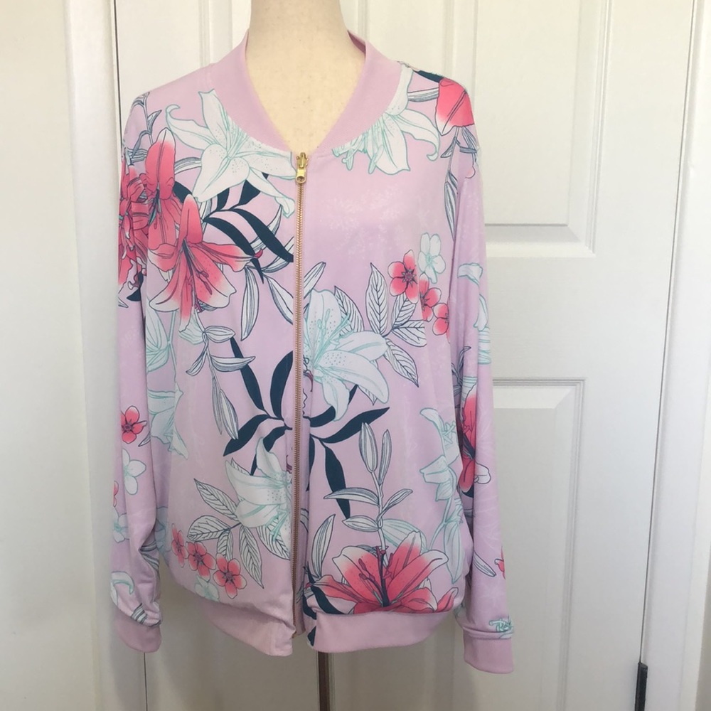 Iman Reversible Bomber Floral Pale Pink Zip Up Super Soft Stretch Knit Jacket